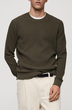 Mango Rib Crewneck Sweater in Khaki Green at Nordstrom, Size Medium