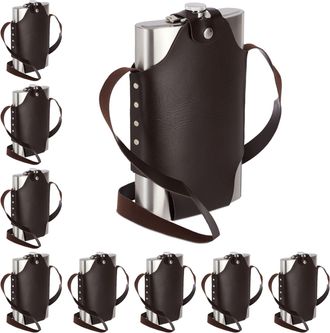 Relaxdays 9 Petacas Xxl Con Funda, Cantimploras, Acero Inoxidable Y Cuero Sint&eacute;tico, 1,8 L, Plateado Y Marr&oacute;n