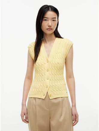 Tommy Hilfiger Womens Cable Knit Cardigan Vest - Yellow - XL