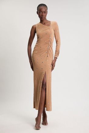 Karen Millen Womens Premium Slinky Crepe Embellished Cut Out Maxi Dress - Nude - Size X-Small