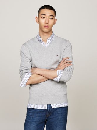 Tommy Hilfiger ESSENTIAL COTTON V NECK mit V-Ausschnitt und Stickerei unifarben, casual, regular fit, Baumwolle, V-Ausschnitt