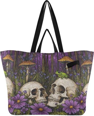 Generic Frog Flowers White Skull print Reusable Canvas Tote Bag, Heavy Duty Grocery Shopping Bag with Double Handles Hard Bottom Large Capacity Work Groceries