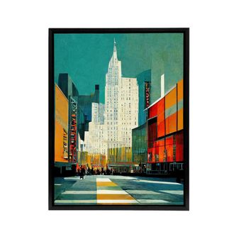 Artery8 Broadway New York Abstract Cityscape Framed Canvas Wall Art Print | Size: W24 x H32