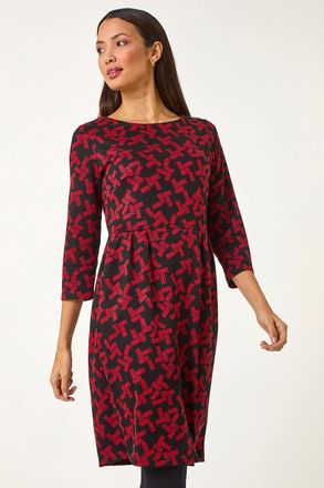 Roman Geometric Pleated Pocket Shift Dress