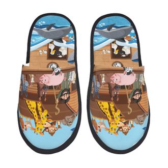 Generic Fleece Slippers Animals On Ark Floating Unisex House Slippers Soft Cotton Slipper For Travel Bedroom Holiday M