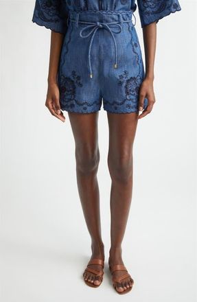 Zimmermann Aster Paisley Embroidered Denim Shorts in Railway Blue at Nordstrom, Size 0