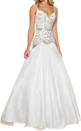 Mac Duggal Beaded Bodice Fit And Flare Ball Gown In White/silver