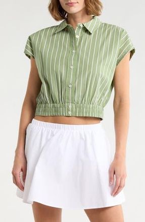 Current Elliott Stripe Cap Sleeve Crop Button-Up Shirt in Sage Stripe at Nordstrom Rack, Size X-Small