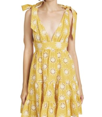En Saison Embroidered Tiered Mini Dress In Yellow