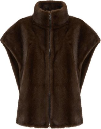 Cesare Gaspari Raccoon Faux Fur Collar - Dames - Bodywarmers - Bruin - ONE Size - Polyester - Jassen