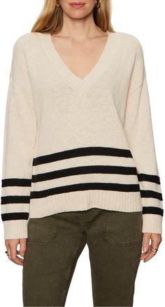 Sanctuary Stripe Hem V-Neck Cotton Sweater in Light Oat Beige/Black at Nordstrom, Size Xx-Large P