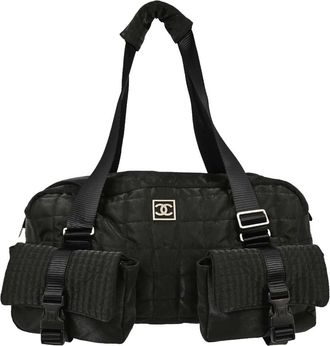 Chanel Sport Line Double Pocket Duffle Quilted Nylon Black Nylon Handbag (Pre-Owned)