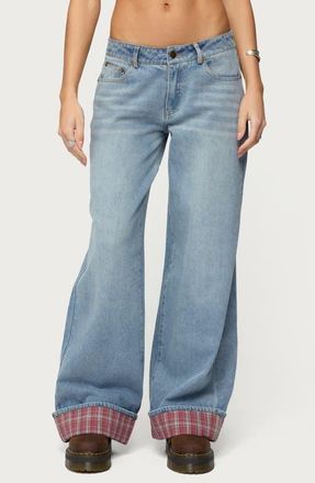 Edikted Plaid Cuff Baggy Jeans in Light-Blue at Nordstrom, Size X-Small