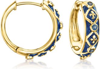 Ross-Simons Sapphire and Blue Enamel Fleur-De-Lis Hoop Earrings in 18kt Gold Over Sterling
