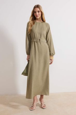 Trendyol Modest Dames Kaki Effen Maxi Lang Casual Skater Modest Jurken