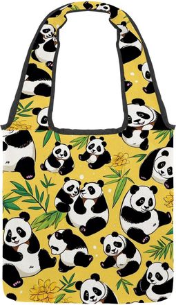 Generic Cute Panda on Yellow Reversible Canvas Shoulder Tote - Double-Sided Print, 12oz Cotton, 27cm Drop, Fold-Flat Bag for Travel, Shopping, Street Outings