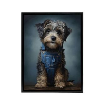 Artery8 Adorable Snorkie Dog In Dungarees Framed Canvas Wall Art Print in Grey | Size: W24 x H32
