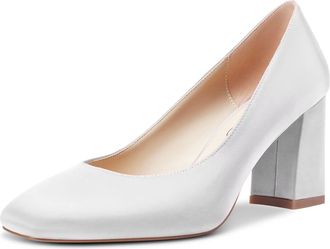 Castamere Women High Chunky Block Heel Close Square Toe Pumps Court Shoe Slip-on Wedding Office Cute 7.5 CM Heels Shoes White Satin 7.5 UK