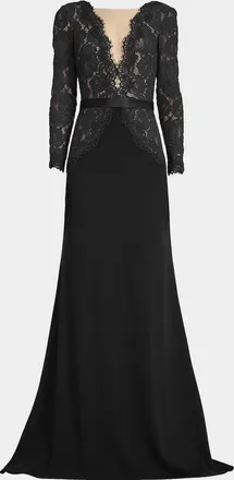 Tadashi Shoji Plunging Illusion Lace & Crepe Gown
