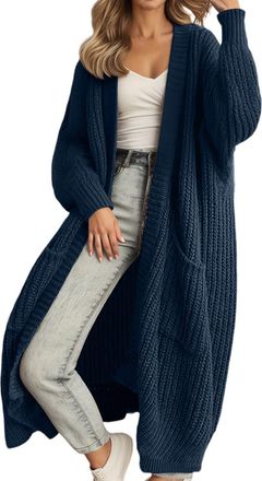 Generic Womens Long Cardigans Oversized Open Front Sweater Casual Solid Color Loose Knitted Cardigan with Pockets (UK, Alpha, XL, Regular, Regular, Navy)