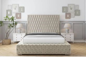 Sloomy Ambassador Plush Bed Frame With 50 Upholstered Headboard in Cream | Size: Small Double