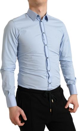 Dolce & Gabbana Sky Blue Cotton Men Formal Gold Dress Shirt Light