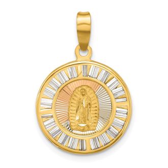 Diamond2Deal 14k Yellow Gold Rose and White-plated Polished Cubic Zirconia Baguettes Mary Round Pendant