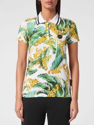 Plein Sport Sleeveless Cotton Polo Shirt with Tropical Print and Striped Collar