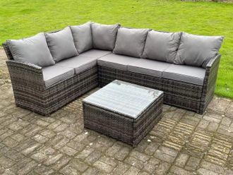 Fimous High Back Dark Mixed Grey Rattan Corner Sofa Set Outdoor Furniture Square Coffee Table 6 Seater in Dark Grey