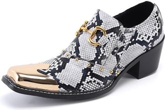 Generic Mens Fashion Slip On Prom Shoes Metal-Toe Genuine Leather Heel Penny Loafers Wedding Party Western Ballroom Dress Shoes (Black/White,11.5)