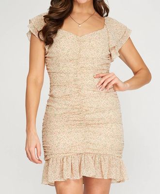 She + Sky Floral Ruched Mini Dress In Vanilla
