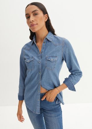 Bonprix Jeanshemd BONPRIX, Damen, Gr. 34, N-Gr, blau (hellblau), Denim/Jeans, Obermaterial: 100% Baumwolle, unifarben, bequem Po-bedeckend, ohne Ausschnitt, M