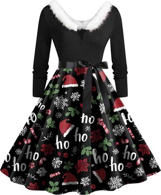 Generic Christmas Dress Womens V Neck Long Sleeve Winter Dress Elegant Perfect Party Printed Xmas Costume Swing Dresses Womens Christmas Sweatshirt Outfits Sw