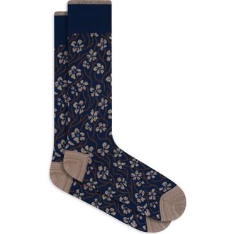 Bugatchi Floral Mercerized Cotton Blend Dress Socks in Navy/Mocha at Nordstrom