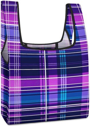 Generic Blue Purple Plaid Print Shopping Bag Reusable Grocery Tote Bag Foldable Handbag for Travel Picnic