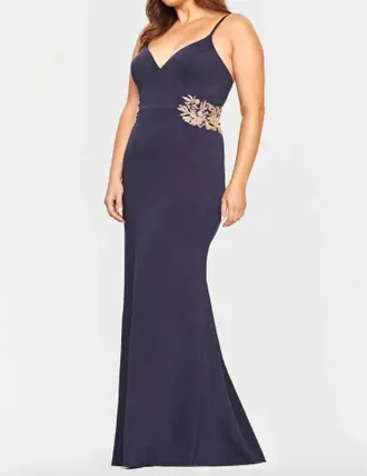 Faviana Beaded Applique Jersey Gown In Navy/gold