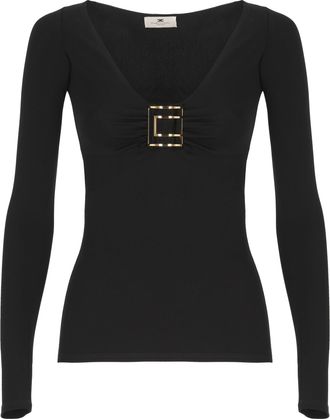 Elisabetta Franchi Fitted Long-Sleeve Black Shirt with Gold Logo Detail