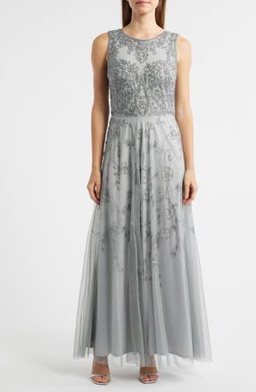 Pisarro Nights Beaded Mesh Gown with Jacket in Blue 400 at Nordstrom, Size 14