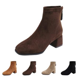 Generic Womens Suede Ankle Boots Square Toe Short Booties Chunky Block Heel Pull On Booties with Back Zipper Ladies Fall Winter Casual Comfortable Mid Calf Bo