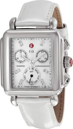Michele Signature Deco White Mother of Pearl Dial Silver Leather Ladies Watch MWW06P000023