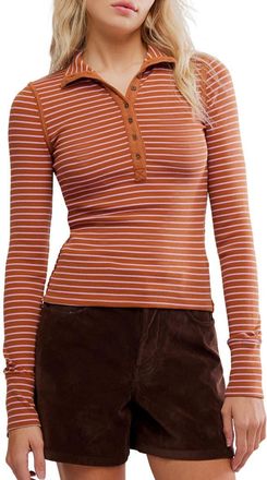 Free People Lake Stripe Rib Henley in Cinnamon Combo at Nordstrom, Size X-Large