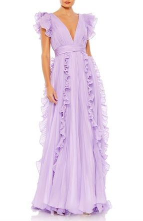 Mac Duggal Pleated Ruffle Cap Sleeve Flowy A Line Gown in Lilac at Nordstrom, Size 10