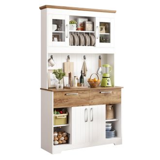 STILVORA Aparador De Cocina Con Vitrinas, 2 Cajones, Puertas Y Barra Con Ganchos, En Tablero De Part&iacute;culas, Blanco Y Natural