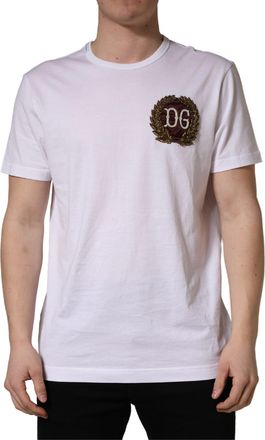 Dolce & Gabbana Mens White Dg Leaf Embroidery Crew Neck T-Shirt Cotton