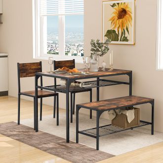 Costway Costway 4PCS Dining Table Set for 4 Industrial Rectangular Kitchen Table with Chairs & Bench Metal Frame in Brown