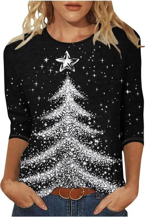 Generic Ladies Christmas T Shirts Light Up Christmas Tree Printed Ugly Tops Oversized Pullover 3/4 Sleeve Tunic Tees Sparkly Xmas Graphic Shirt Novelty Casual