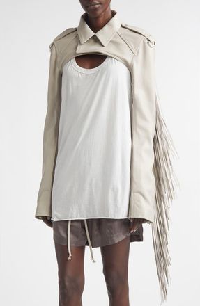 Rick Owens Fringe Leather Microbiker Jacket in Pearl at Nordstrom, Size 6 Us