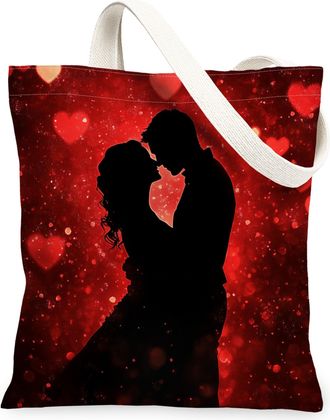 Generic Romantic Valentines Day Canvas Tote Bag for Shopping 13x15, Man and Wife Couple Love Wedding Reusable Grocery Print Pattern Bag for Women, Lover Beach
