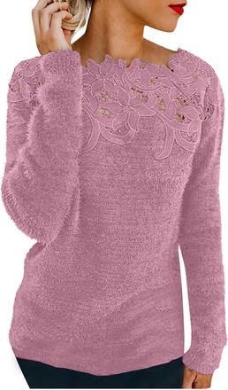 Generic HUIFUAO Lace Cashmere Jumpers Ladies Plus Size Velvet Sweaters for Women UK Long Sleeve Elegant Sexy Womens Sweatshirts and Pullover (Pink 2, XXXL)