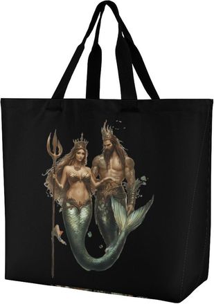 Generic Mermaid Cute Queen And King Reusable Shopping Bags Large Capacity Grocery Bag Heavy Duty Tote for Women 40x40x16cm